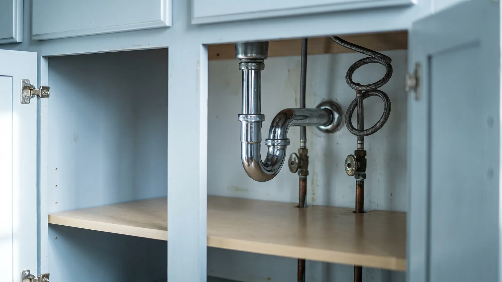 The inside of an open cabinet under a sink: a chrome drain trap, two shut-off valves and an otherwise empty shelf.